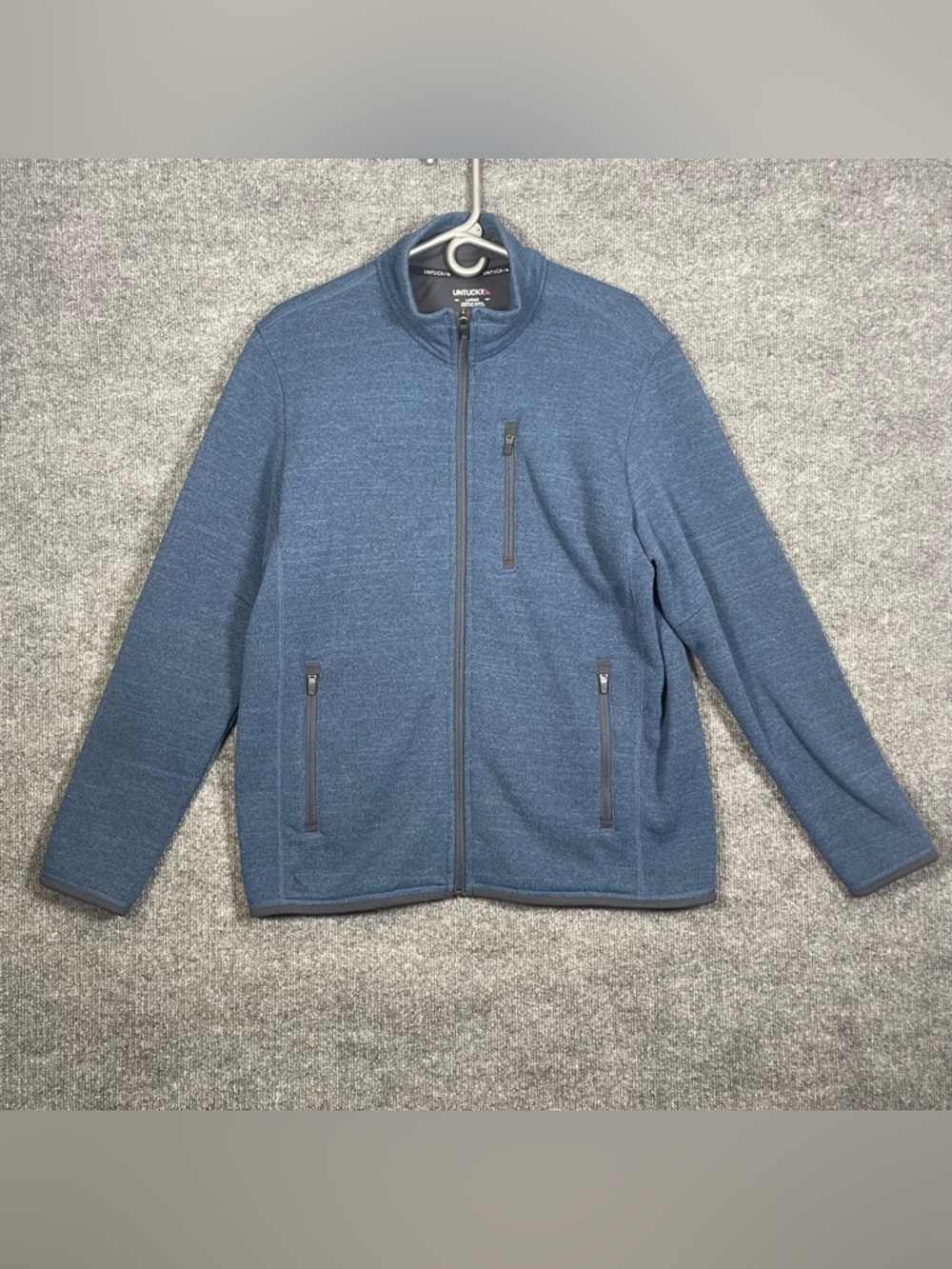 Untuckit Men’s Large Blue Kezoh Full Zip Fleece Sweater Knit‎ Jacket Preppy Cozy